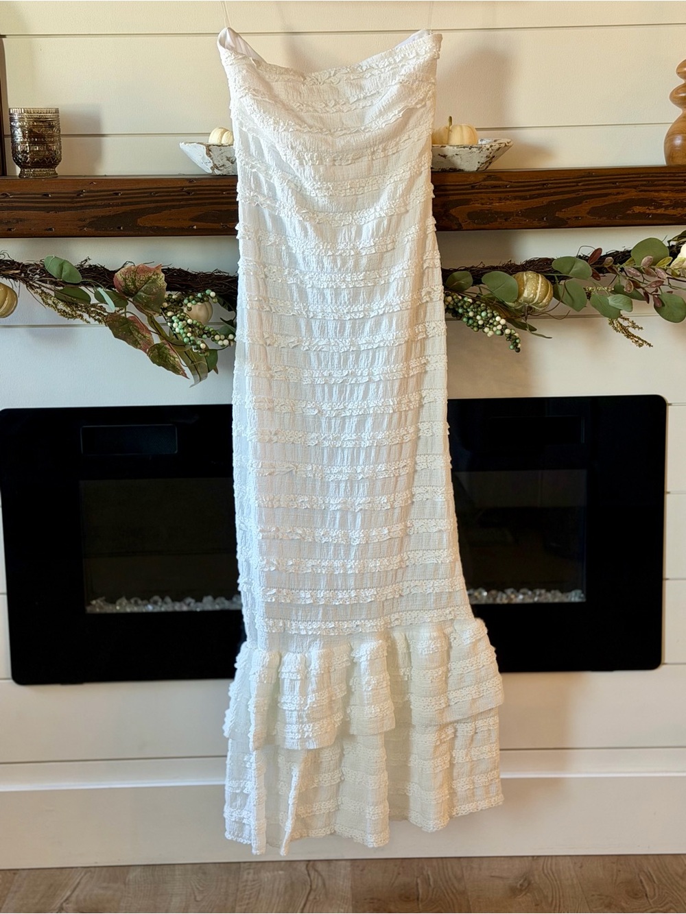 Altar'd State White Strapless Textured Ruffle Maxi Dress